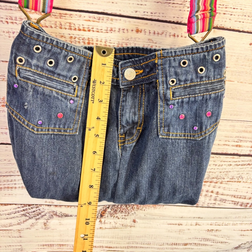 Handmade Upcycled Blue Denim Jean Shoulder Bag Rhinestone Striped Strap Boho - Picture 4 of 14